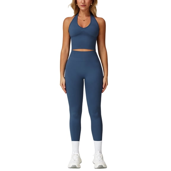IDOPIP 2 Piece Workout Sets for Women Seamless Halter V-Neck Tank Top Scrunch Butt Lifting High Waist Leggings Gym Sets Active Wear Sports Outfit M Blue