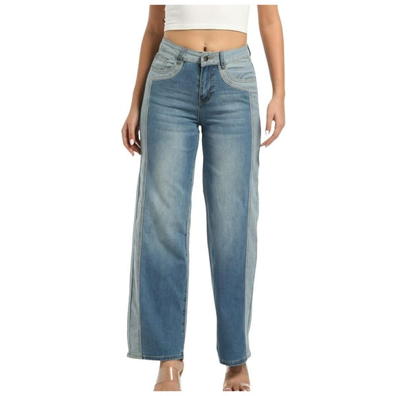 YDFCWXW Women's Wide Leg Jeans - Stretchy Low Waisted Color Block Distressed Denim Pants Casual Straight Leg Trousers Blue, S