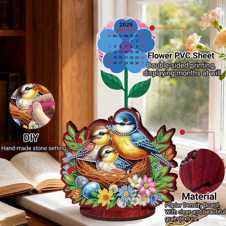FLOPESN 2026-2027 Wooden Desktop Calendar DIY Diamond Art Painting