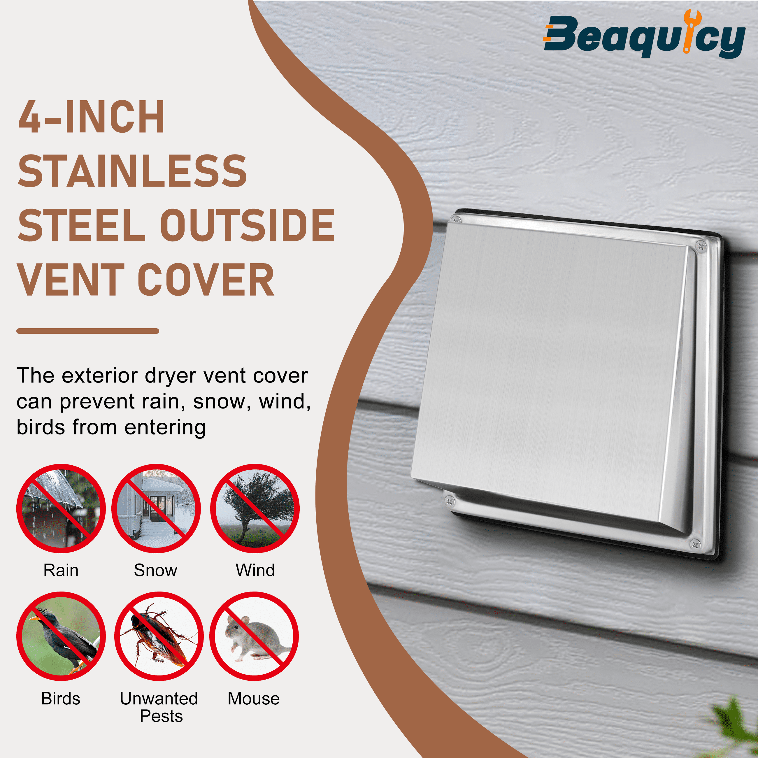 Beaquicy 4 Inch Square Stainless Steel External Vent Cover with Screws for Wall Ventilation