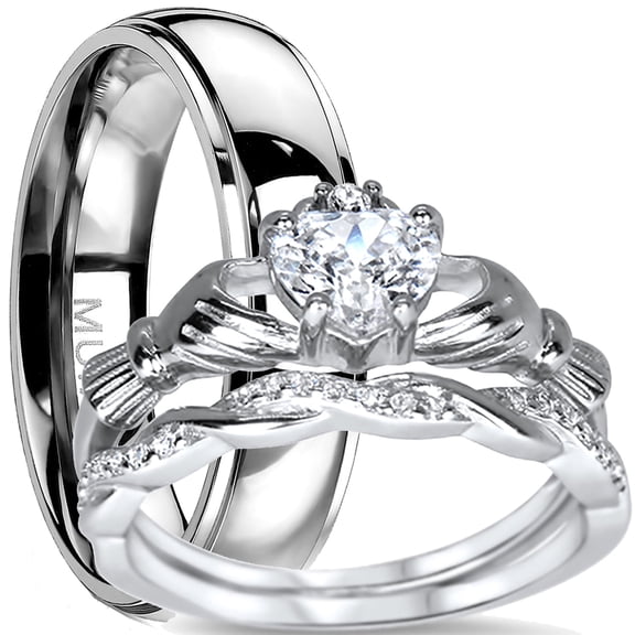 His and Hers 3 Piece Trio Sterling Silver Titanium Wedding Band Engagement Ring Set 13/5