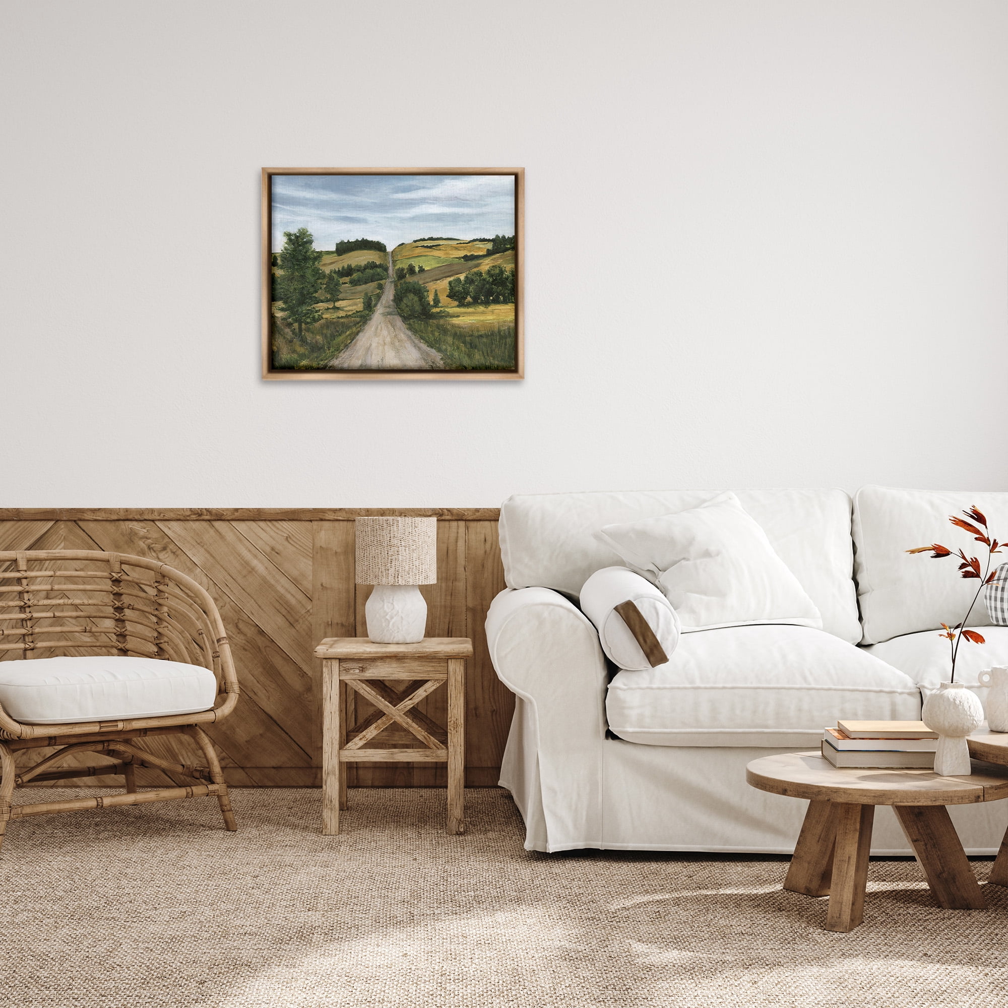 Stupell Industries Receding Country Path Landscape Painting Brown Floater Framed Canvas Art Print Wall Art, 31 x 25