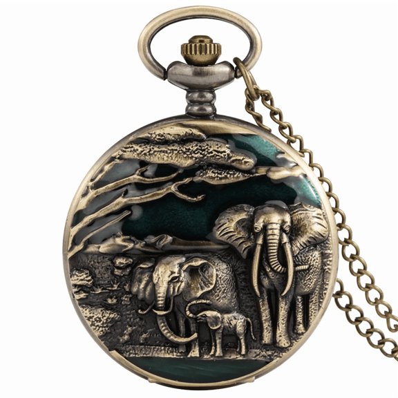 New Elephant Vivid Engraving Vintage Bronze Arabic Literal Quartz Large Pocket Watch Sweater Chain Men Women Pendant Clock Gift (bronze)