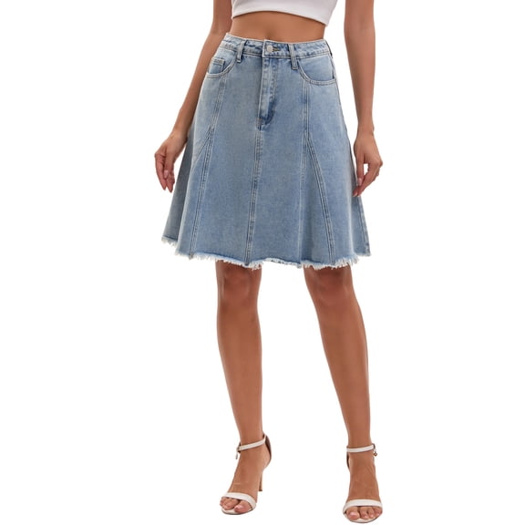 INSPIRE CHIC Women's Denim Skirt A Line High Waist Flared Raw Hem with Pockets Casual Jean Skirts M Light Gary Blue