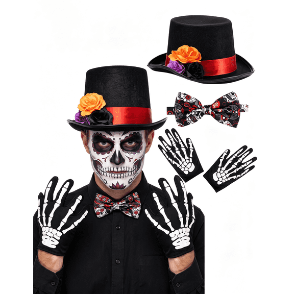Joyfy 4 Pcs Day of the Dead Costume Set for Men, Includes 1 Pair Skeleton Gloves, 1 Hat and 1 Bow Tie for Halloween Cosplay Party