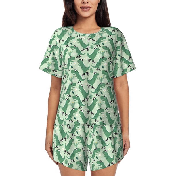 Balery Dinosaurs on Roller Skater Conjunto de Pijama para Mujer con Estampado, Dos Piezas de Manga Corta y Shorts, Ropa de Dormir Suave con Cuello Redondo y Bolsillos-X-Large