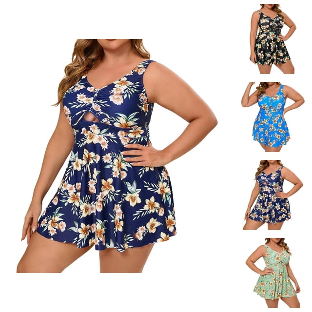 Womens Swimsuits Tankini 2026 Trendy Plus Size Modest Flowy Swim Dress with High Waisted Bottom Two Piece Bathing Suits Woman
