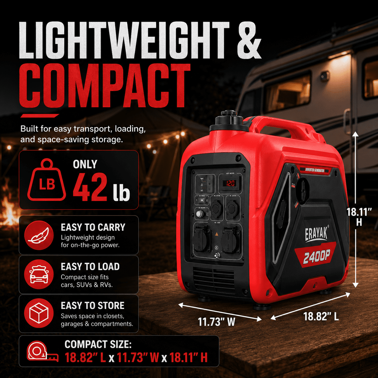 ERAYAK 2400W Portable Inverter Generator, Super Quiet Gas Powered Generator for Camping