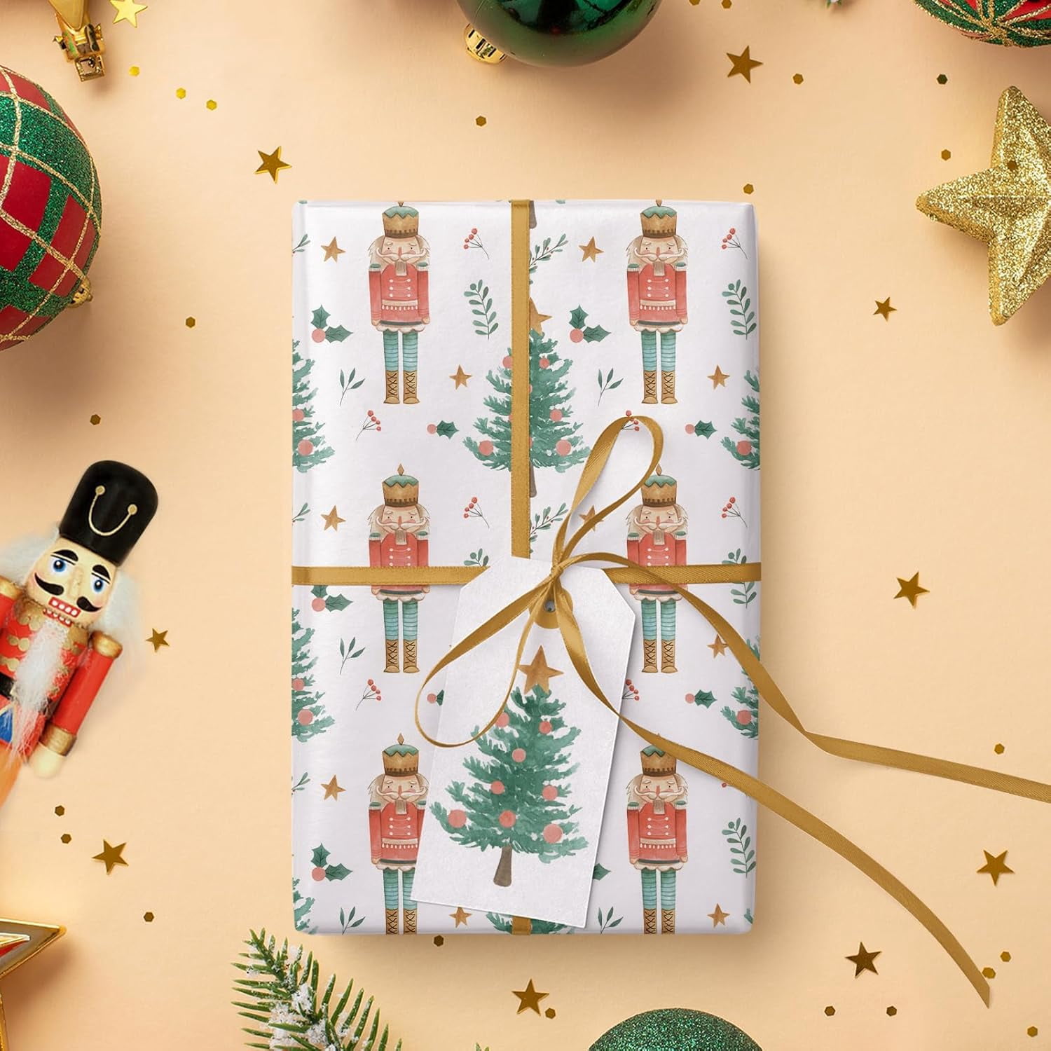 Kraft Nutcracker Christmas Wrapping Paper - Mini Roll - 17 Inch x 33 Feet - Nutcracker and Christmas Tree Wrapping Paper for Holiday, Party Celebration