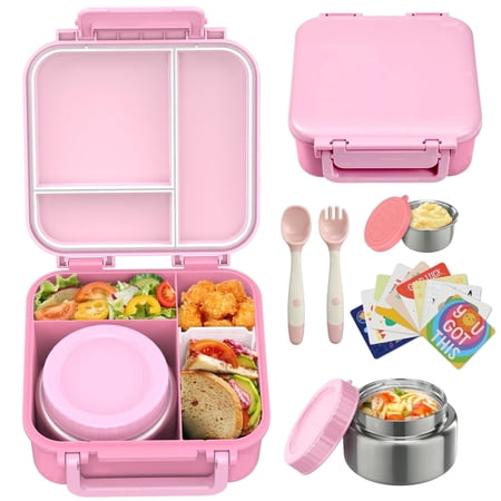Kids Bento Lunch Box with 9oz Soup Thermos Leak-Proof Food Container 4 Compartments Insulated Hot Food Jar for Toddler Kid Boys Girls to School & Travel