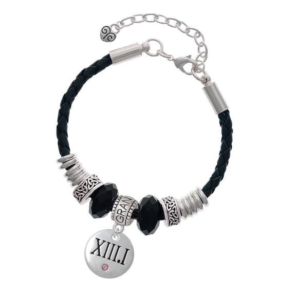 Delight Jewelry Silvertone Half Marathon with Pink Crystal Roman Numeral Grandmother Celtic Knot Leather Bead Bracelet, 7" 2" Extender