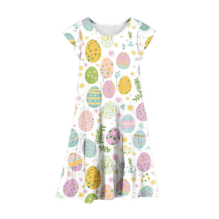 Xdegoge Easter Dresses for Girls Rabbit Print with Tiered Skirt and Cap Sleeves, Lightweight and Comfortable Teens Holiday Dress, Girl's, Size: 10-11