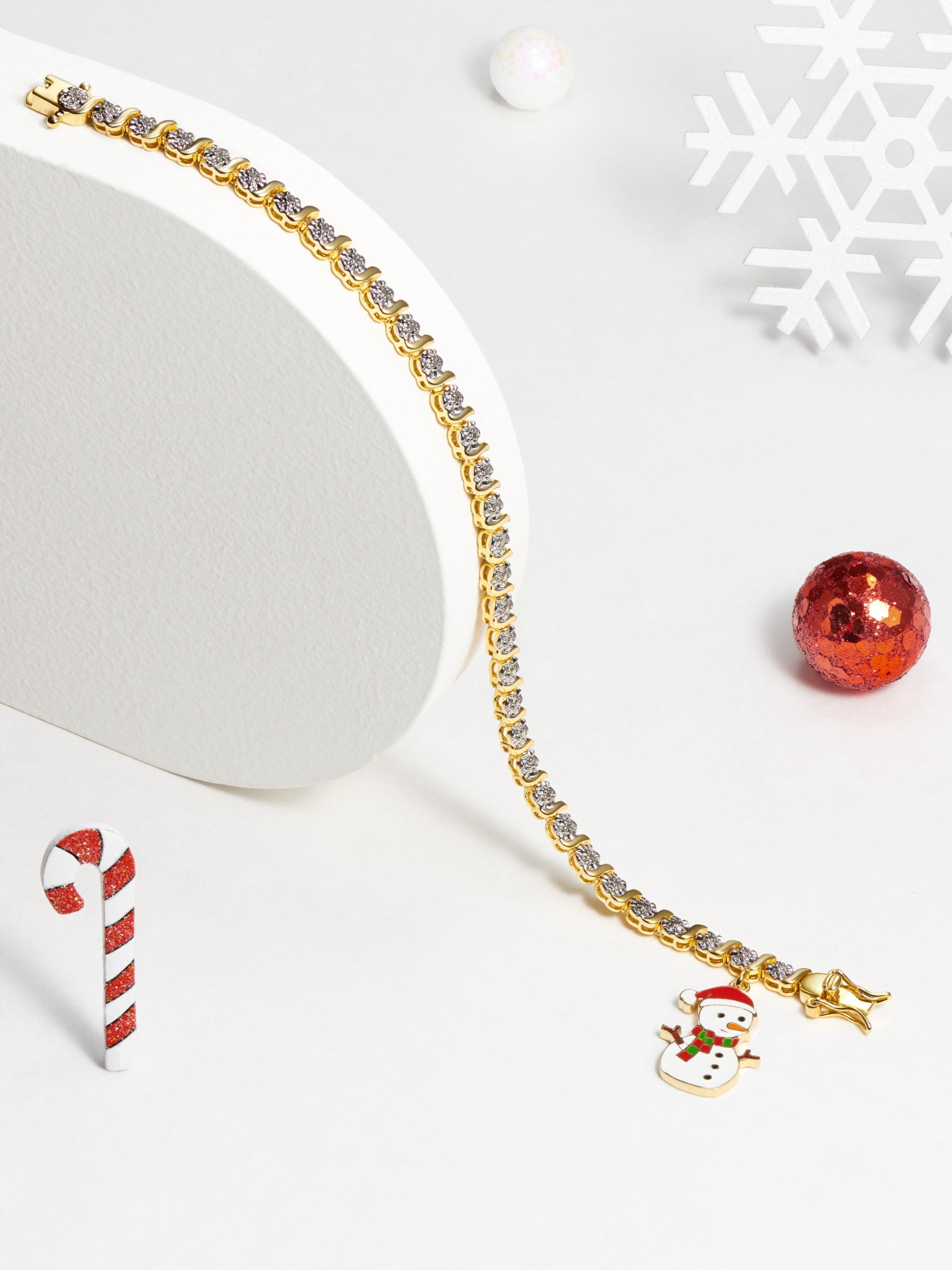 Fine Silver Plated Diamond Accent "S" Link Gold Tone Tennis Bracelet With Enamel Snowman Charm 7.25"