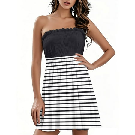 OAMDNDEA Summer Dresses for Women Beach Boho Tube Top Dress Strapless Sleeveless Beach Cover Ups Sexy Trendy Short Dress Beach Vacation Clothes Multicolor M