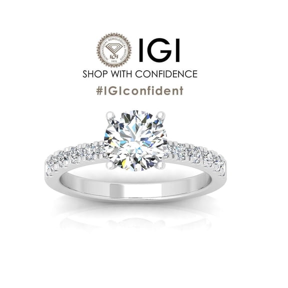 IGI Certified F/VS1 1Ct, Real Diamond Round With Side Diamond Engagement Solid 10k White Gold Ring
