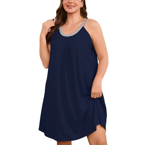 SHOWMALL Sleeveless Nightgowns for Plus Women Sleepwear Wide Strap Sleep Shirt Pleated Scoopneck Lounge Dress with PocketsNavy Blue 3X