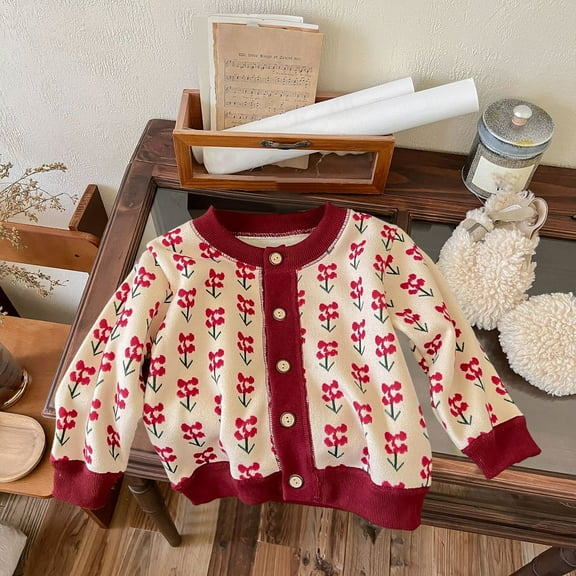 Cethrio Kids Girls Cardigans Sweaters, Long Sleeve Cotton Lightweight Kids Coats Red Size 1-10 T