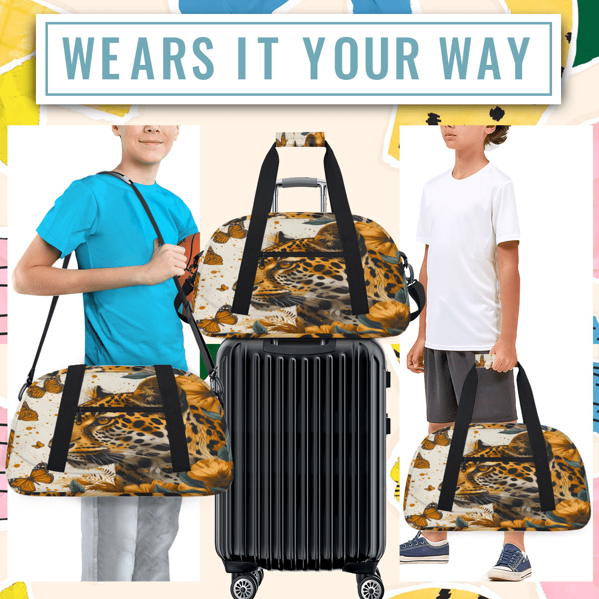 Herdesigns Leopard Sports Duffle Bag for Women & Men, Butterfly Leopard Print Gym Bag Dance Bag Overnight Bag Carry On Weekender Travel Bag