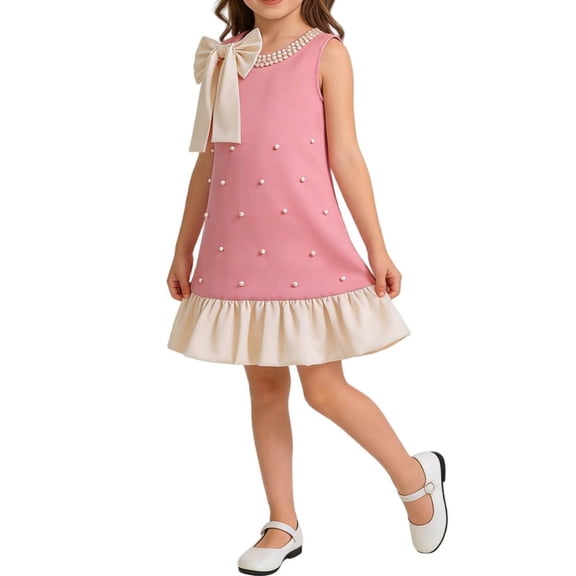 ITSAME Dress for Girls, Sleeveless Cute Bow Round Neck Kids Fashion Ruffled Princess Dress Pink 6-7T