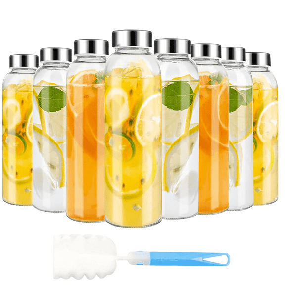 18 oz Glass Juice Bottles with Lids, Reusable Clear Glass Water Bottles Set of 8 with Stainless Steel Airtight Cap for Refrigerator, 100% Leak Proof, BPA Free, ECO Friendly, Dishwasher Safe