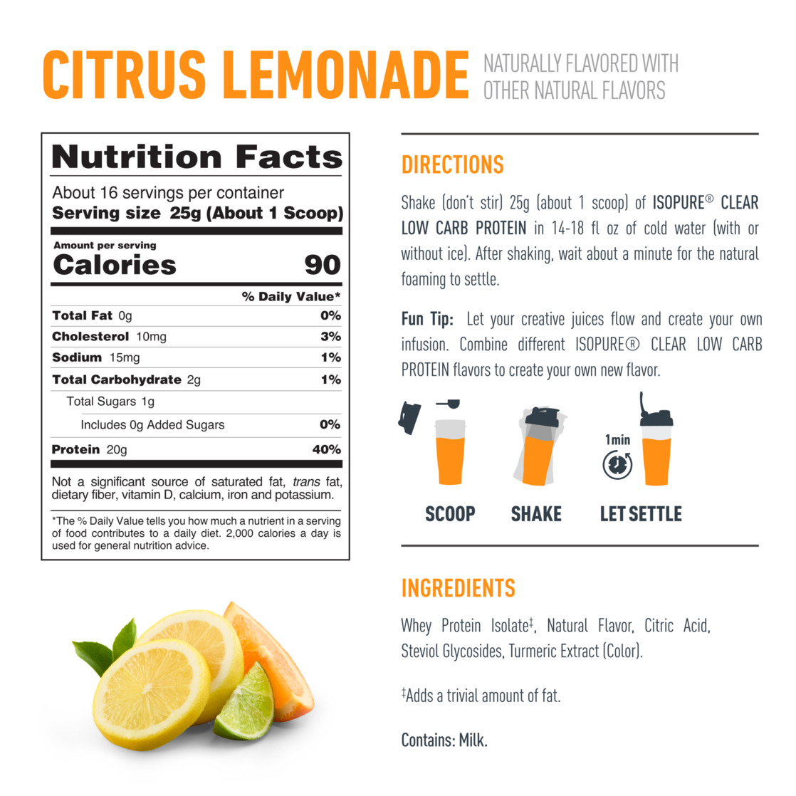 Isopure Clear Low Carb 100% Whey Protein Isolate Powder, Citrus Lemonade, 20g Protein, About 16 Servings