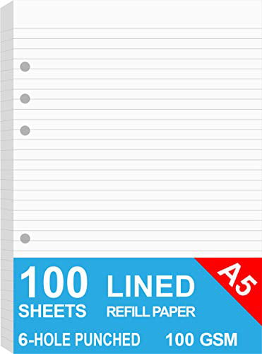 5.8 x 8.2 Inch 100gsm White Paper Blank 3 Hole Planner Refills Loose-leaf Binder Paper Organizer Total 100 Sheets/200 Pages A5 Filler Paper