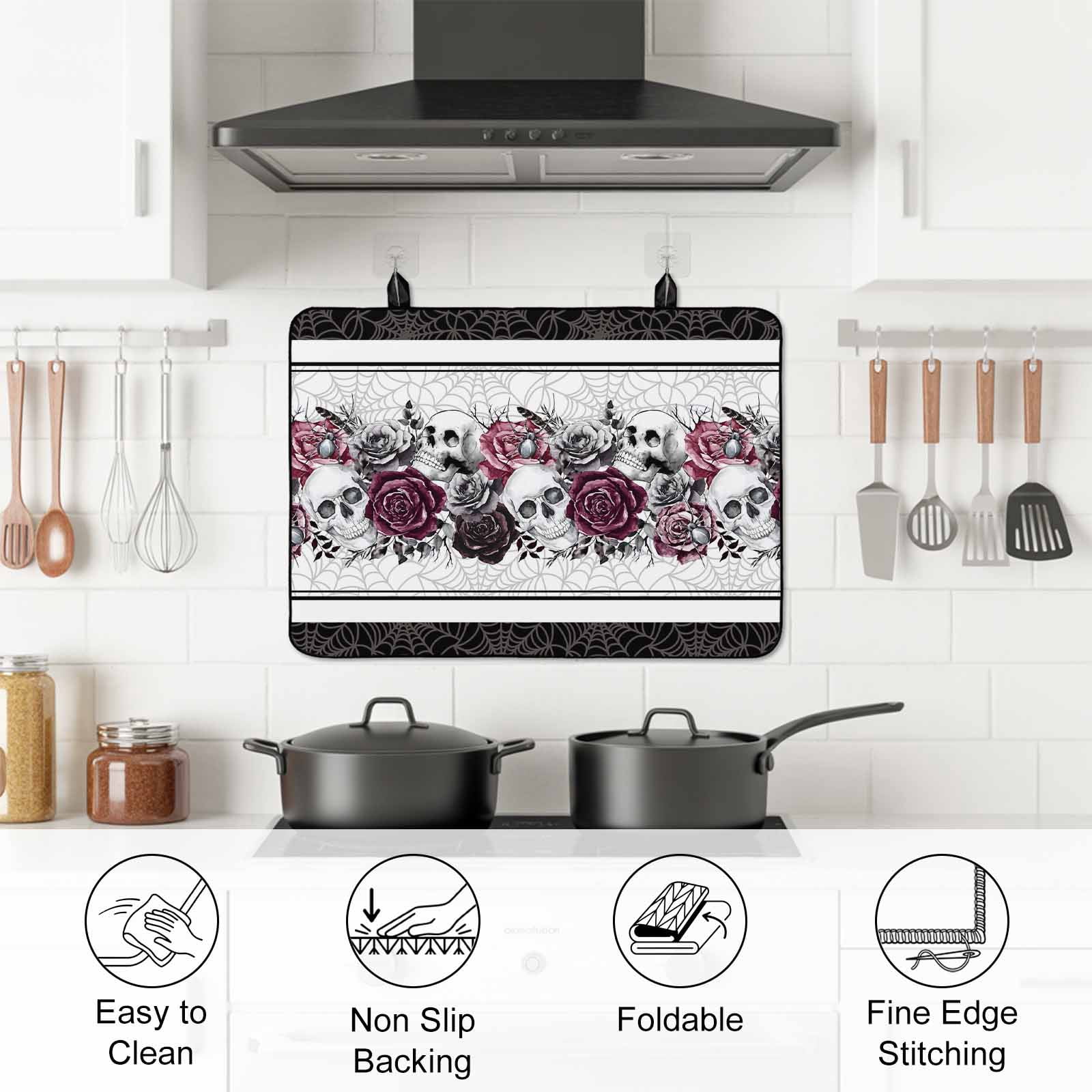 Halloween Stove Top Cover for Electric Stove, Heat-proof & Non Slip Glass Top Stove Cover Protector, Black Purple Skull Roses Horror Flower Kitchen Flat Cooktop Rubber Mat 24x21 Inches