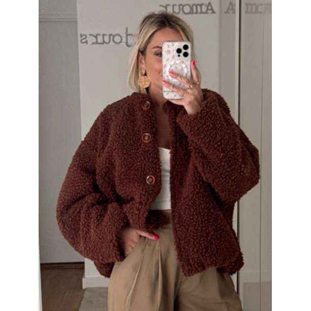Chaqueta Retro de lana de cordero con una hilera de botones para mujer, abrigos Vintage de manga larga de gran tamaño con cuello redondo, ropa de calle alta elegante para mujer 2024