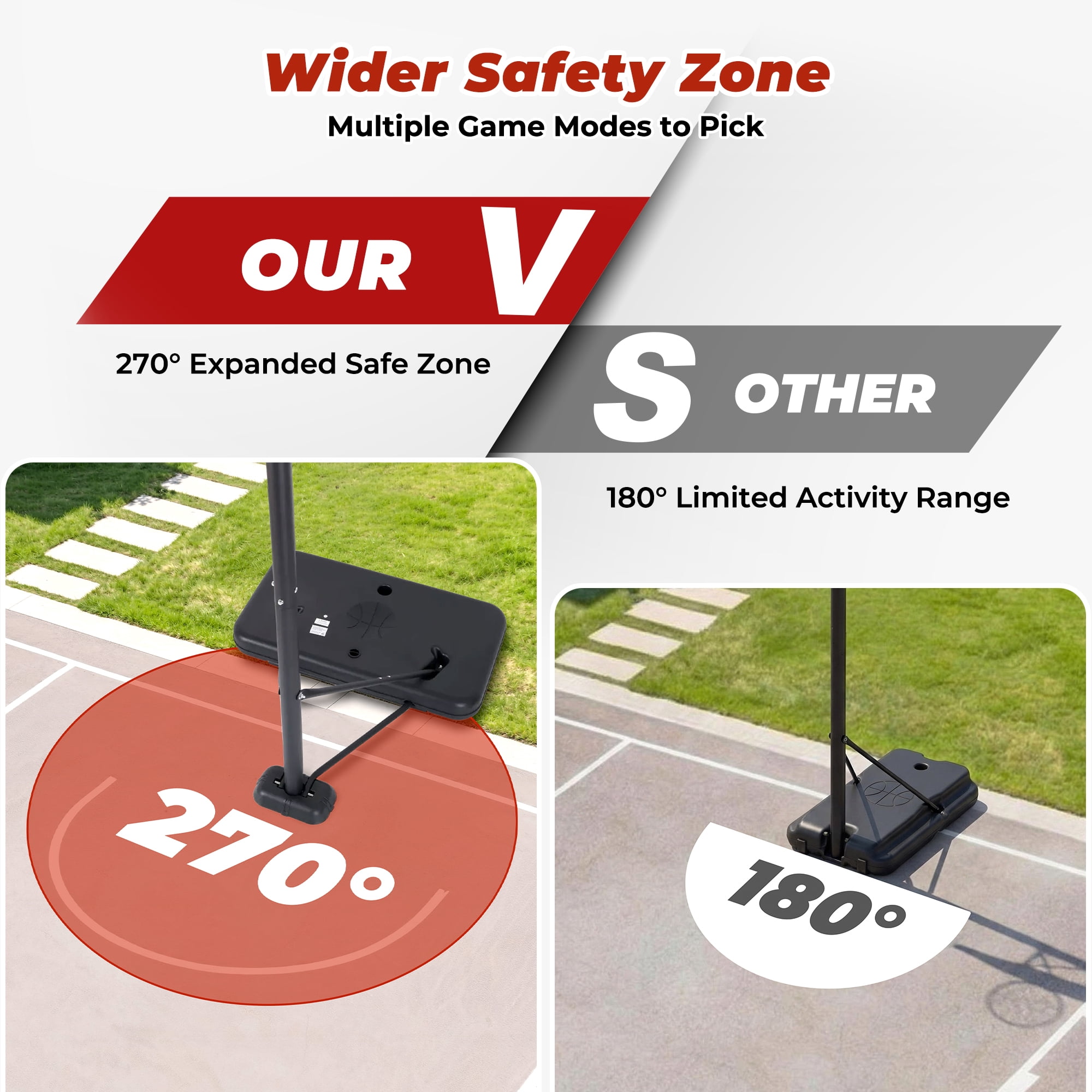 Naipo 44”Portable Basketball Hoop with Upgraded Dual Rear Base 3.5 to 10 FT Adjustable Basketball Stand 270° Safe Play Zone for Everyone in Family