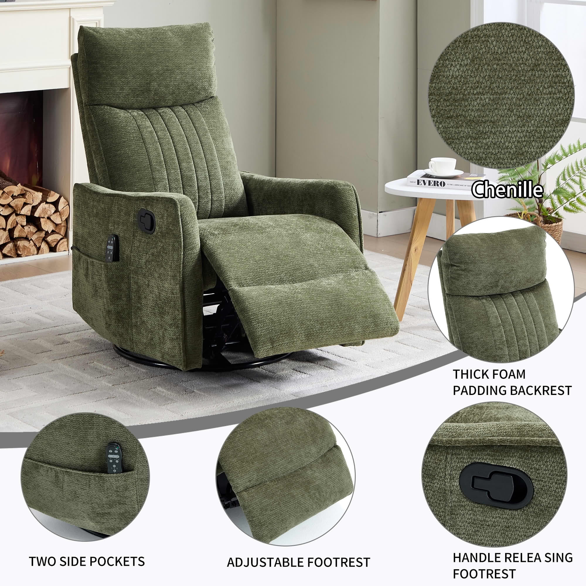 MAYEERTY 360° Swivel Rocker 155° Recline Chenille Heat Massage Recliner Chair for Living, Antique Green