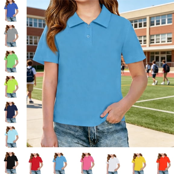 Mfakffe Toddler Girls Polo Shirt Back To School Casual School Uniform Short Sleeve Collared T Shirts Cute Top(Sky Blue,8-9 Years)