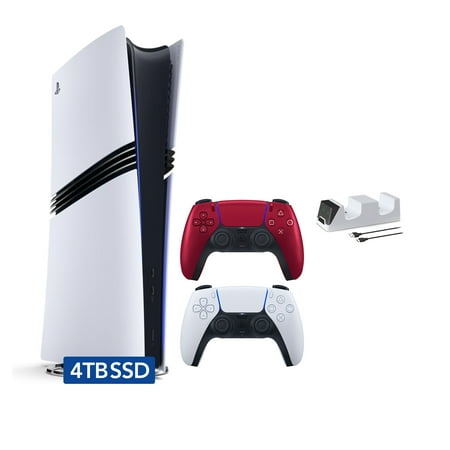PlayStation 5 Pro 4TB SSD Digital Console with Two Controllers, White and Volcanic Red DualSense and Mytrix Dual Controller Charger - Flagship PS5 Pro Console