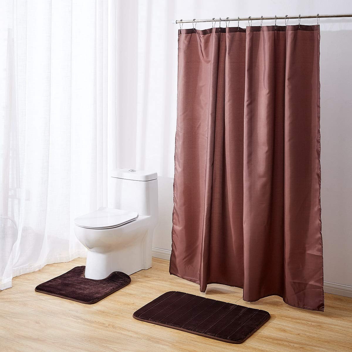 Memory Foam Bath Rug Set Solid Color Stripe Design Bathroom and Contour mat with Matching Shower Curtain and Metal Rings Choose from Burgundy/Navy/Purple/Brown (Brown)