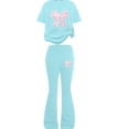 thumbnail image 5 of Summer Outfits for Teens 2026 Vacation Girls 2 Piece Outfits Kids Cute Bow Graphic Sweatsuit Short Sleeve Tops Flare Pants Set Teen Summer Beach Trendy Tracksuit, 5 of 5