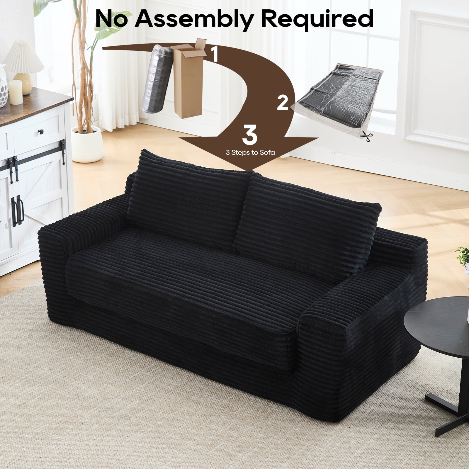 GNIXUU 70.8" Loveseat Sofa Bed Boneless Couch ,Corduroy Cloud 2 in 1 Convertible Sleeper Sofas with Fixed-Shape Frame, Comfy Deep Seat Folding Couches for Living Room, Apartment,Office,Black