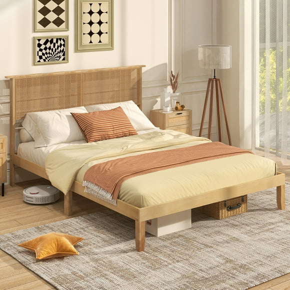 Gymax Queen Size Bed Frame w/ Rattan Headboard 10 Solid Wood Legs & 12 Wooden Slats
