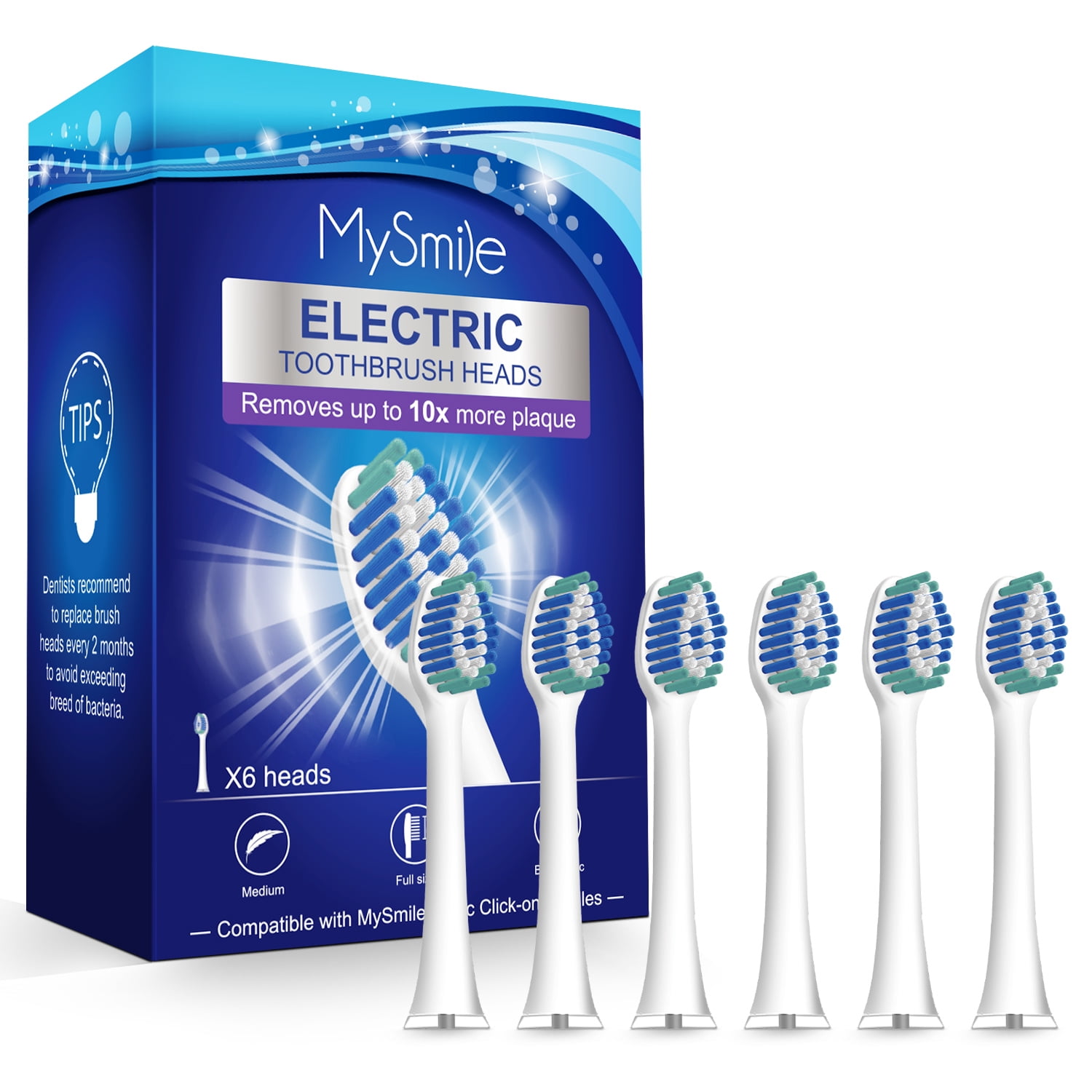 (2 pack) MySmile Sonic Rechargeable Electric Toothbrush Heads, 6 Count Replacement Toothbrush Heads, White, Individual Packaging