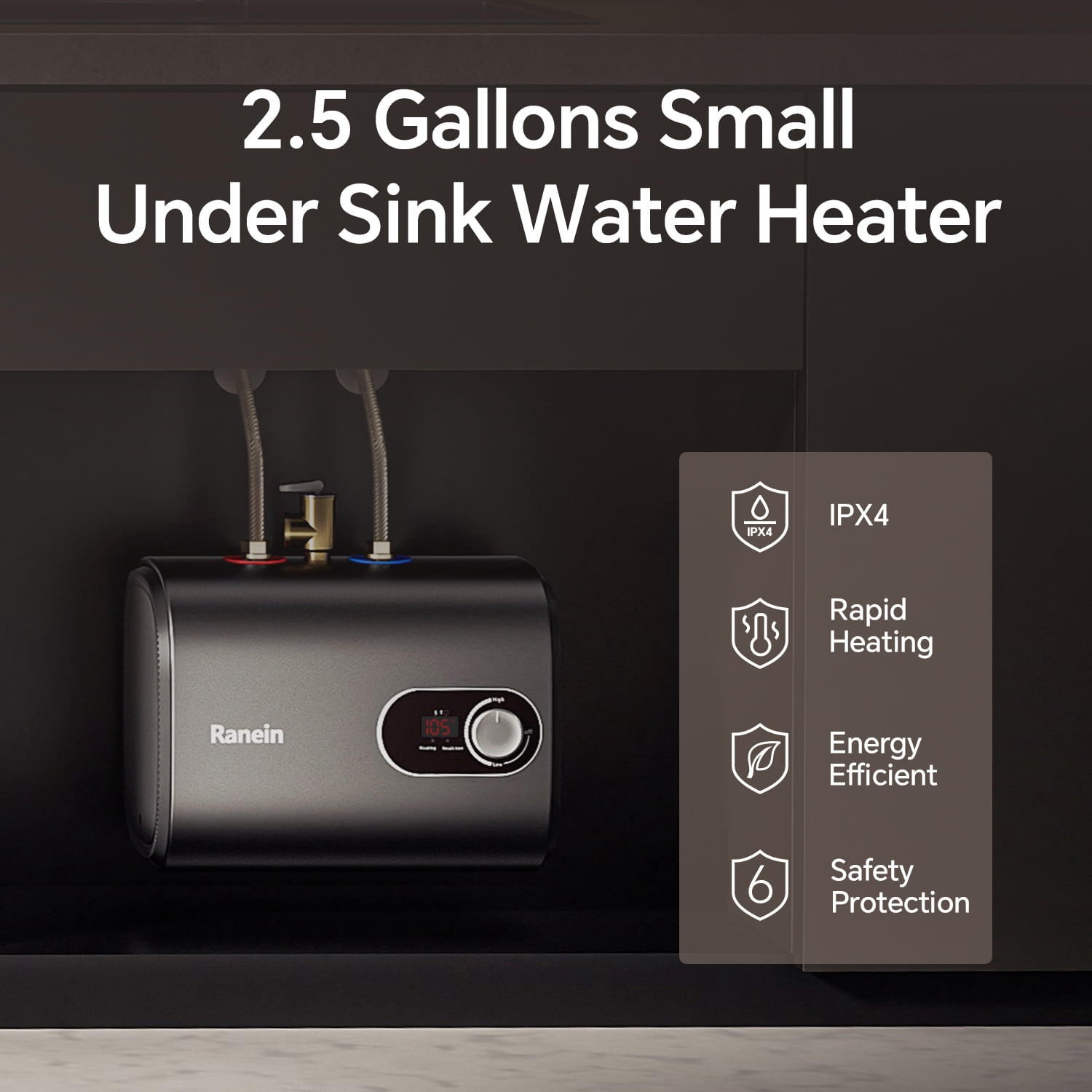 Ranein Electric Mini Tank Water Heater 2.5 Gallon Under Sink Small Hot Water Heater 110V Point of Use Water Heater Easy to Install - Wall or Floor Mounted