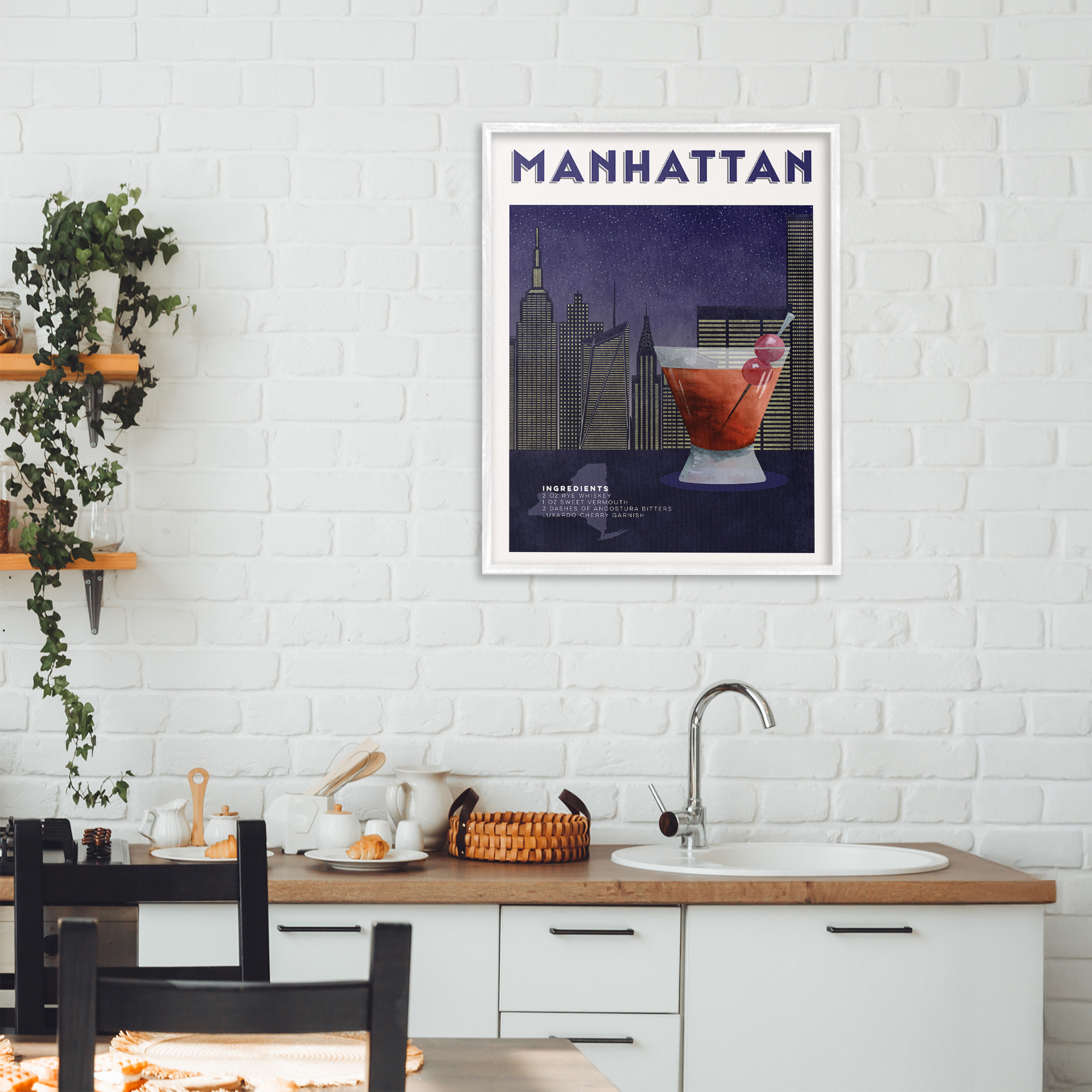 Retro Manhattan Cocktail Cityscape White Framed Giclee Art, design by Brett Blumenthal