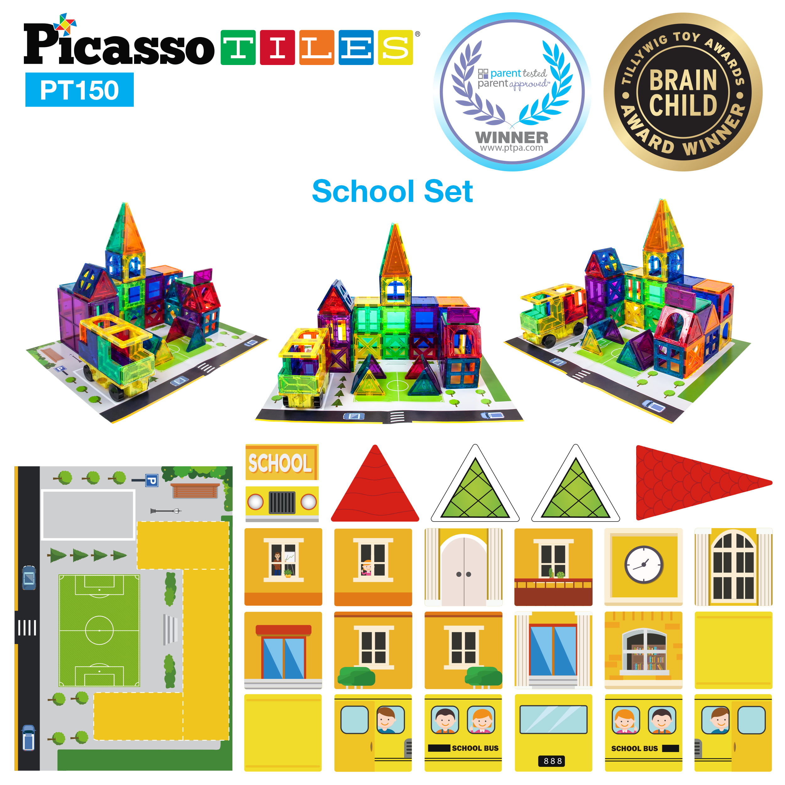 PicassoTiles 150 Pcs 3-in-1 School Hospital Police Station Magnetic Building Set 