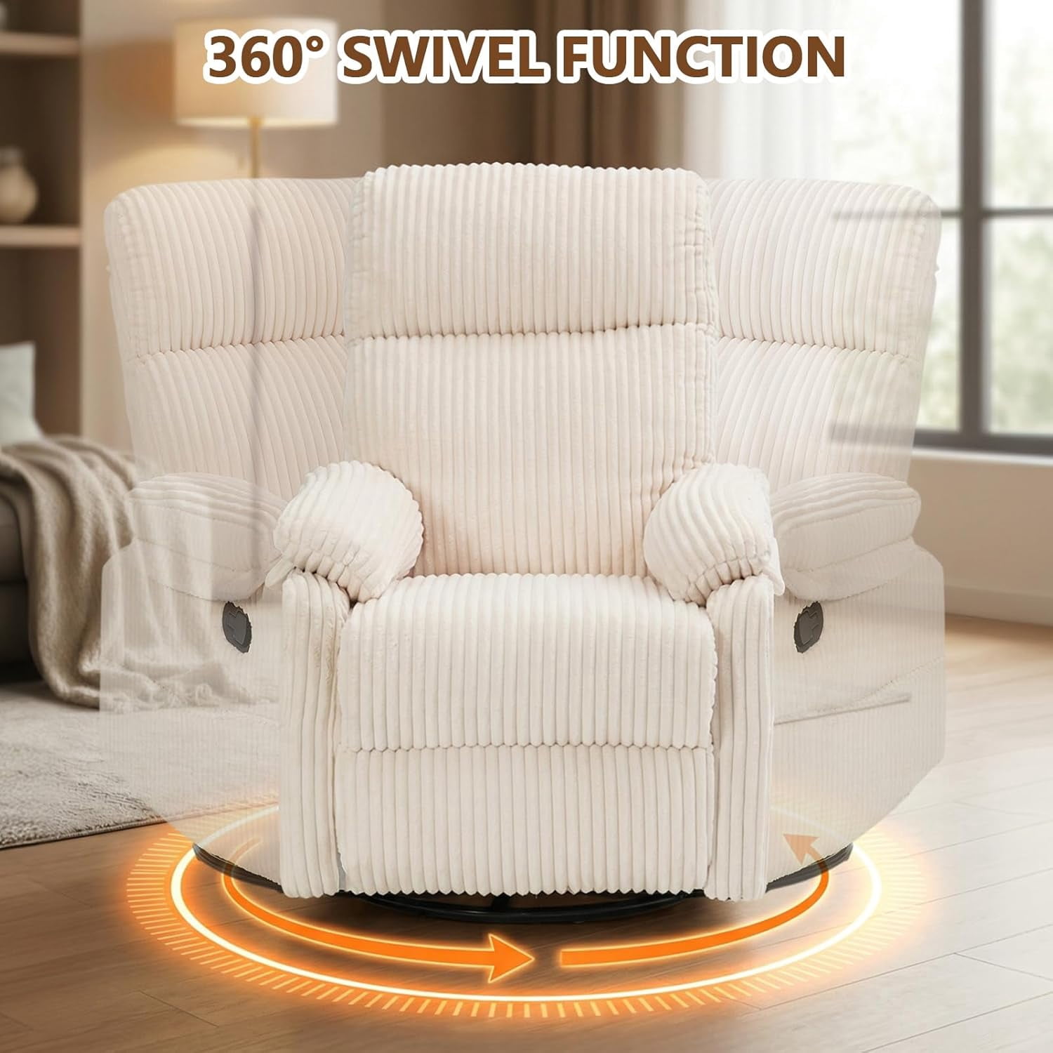 Beige Rocking Chair Nursery Recliners, Small Recliner Rocking Chair for Small Spaces, Manual Swivel Glider Recliner for Living Room Bedroom Office, Corduroy，Adjustable Backrest & Footrest (Beige)