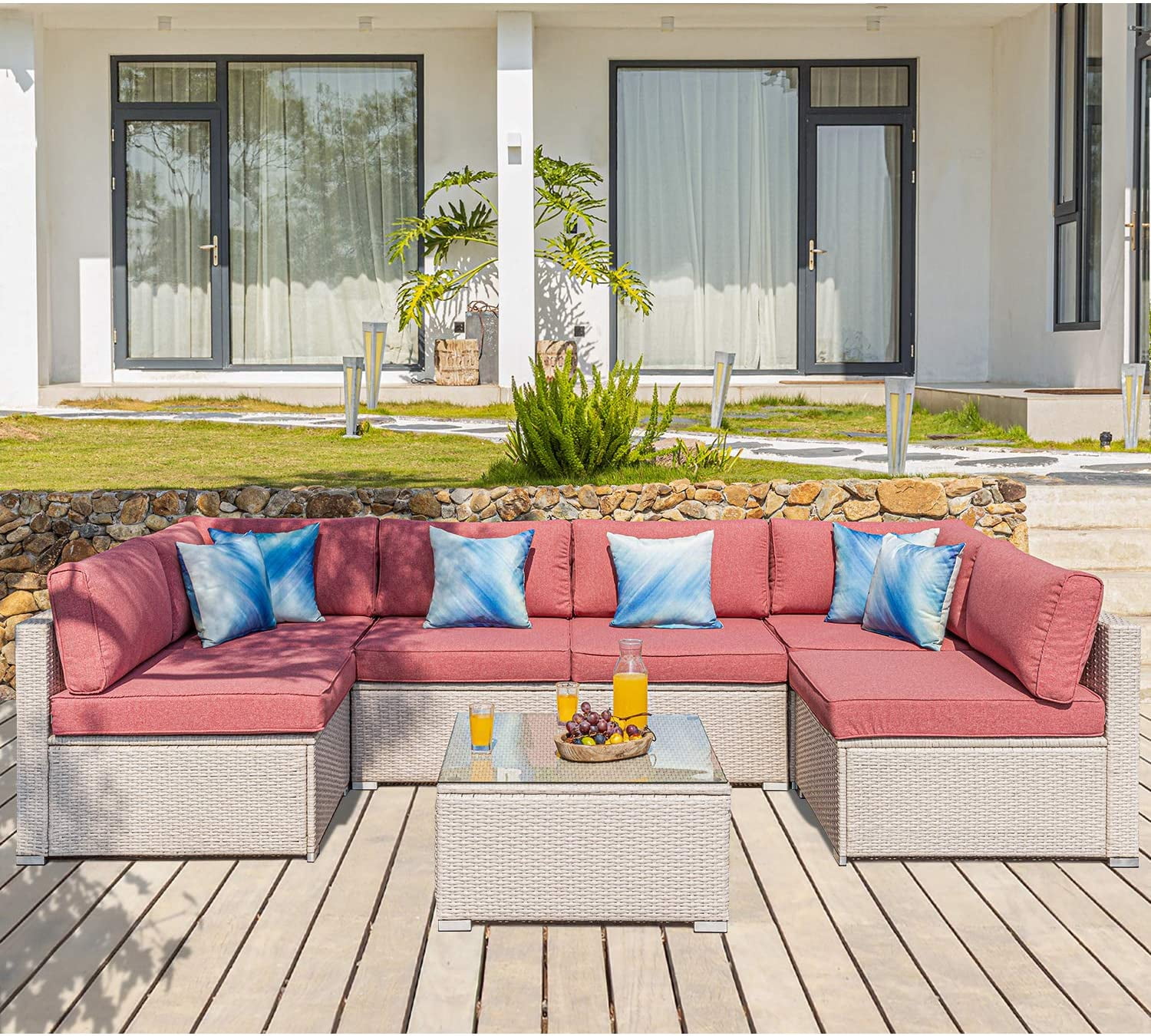 COSIEST 7Piece Outdoor Furniture Set Beige Wicker Sectional Sofa Set