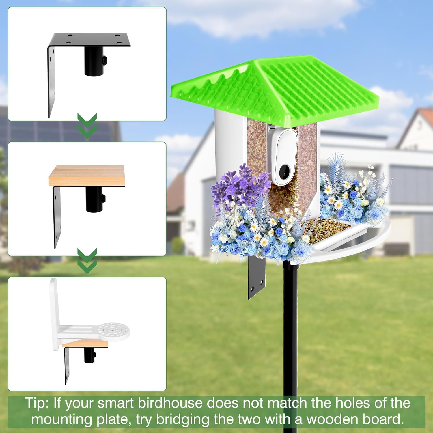 Bird House Pole, 95 Inch Heavy Duty Bird Feeder Pole Mount Kit for Outdoors, Adjustable Feeding Stand, with 2-Hooks, Metal Squirrel Baffle and 5-Prong Base, for Birds Watching