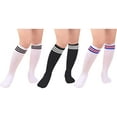 thumbnail image 2 of Zando Kids Toddler Soccer Socks Knee High Tube Socks Three Stripes Cotton Cute Sport Stocking for Boys Girls White Black & White Blue & Black White 3-6, 2 of 3