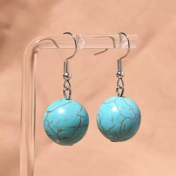 K-KED 12mm Natural Blue Turquoise Round Gemstone Dangle Silver Hook Earrings