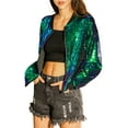 thumbnail image 3 of MODA NOVA Juniors Halloween Costume Christmas Glitter Cropped Long Sleeve Zipper Bomber Jacket Green S, 3 of 7