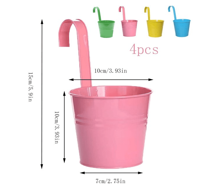 Topboutique 4 Pack Metal Flower Hanging Plant Pot Vase Basket Bucket with Hook - Flower Plant Pots ,Garden Hanger Planter Decor (Pack of 4), Yellow,Blue,Green,Pink