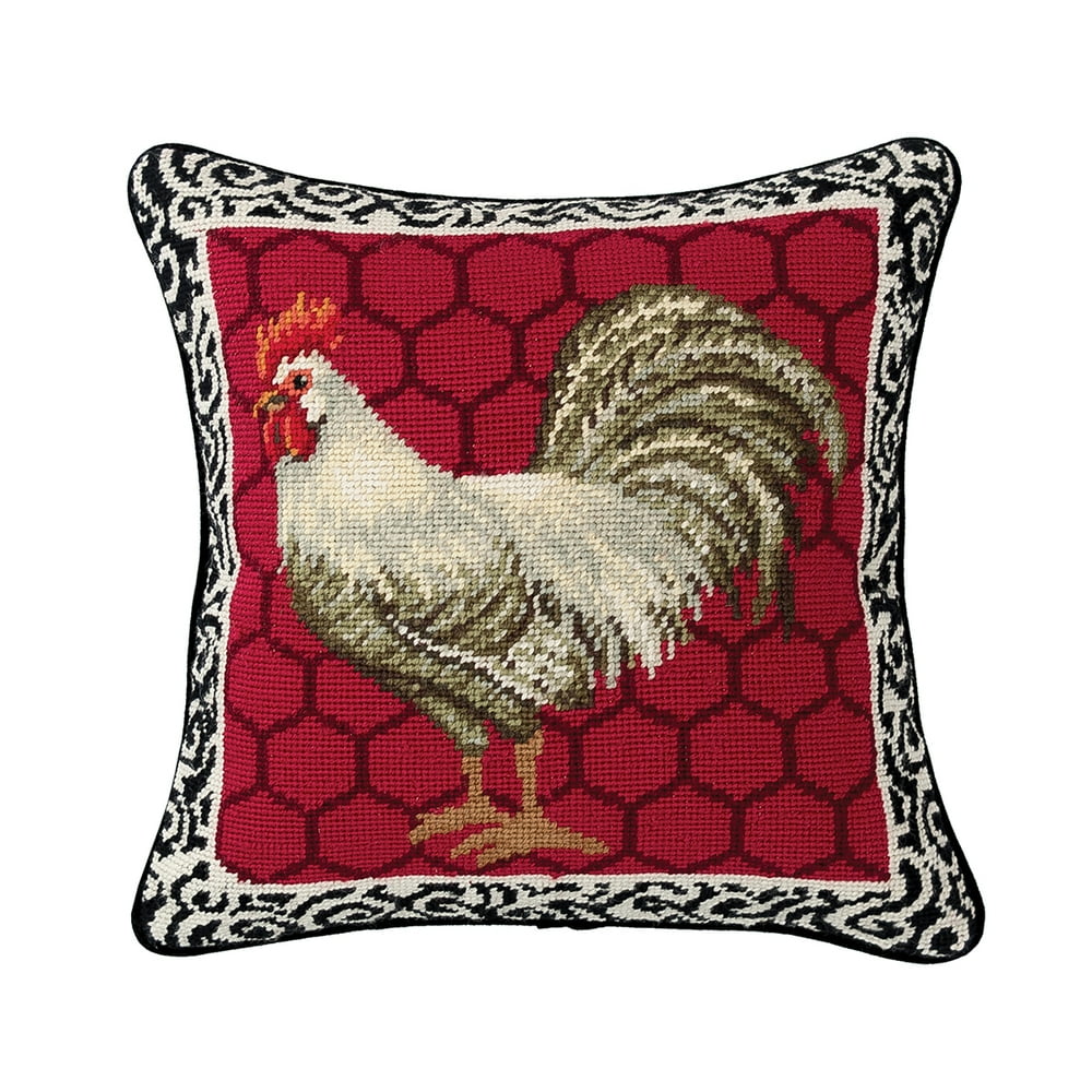 Red Black & White Rooster Needlepoint Pillow