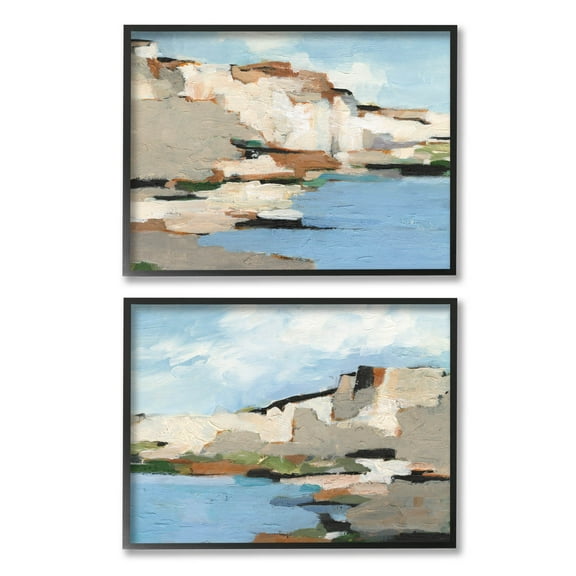 Seaside Cliff Modern Landscape Landscape Painting Black Framed Art Print Wall Art, Set of 2
