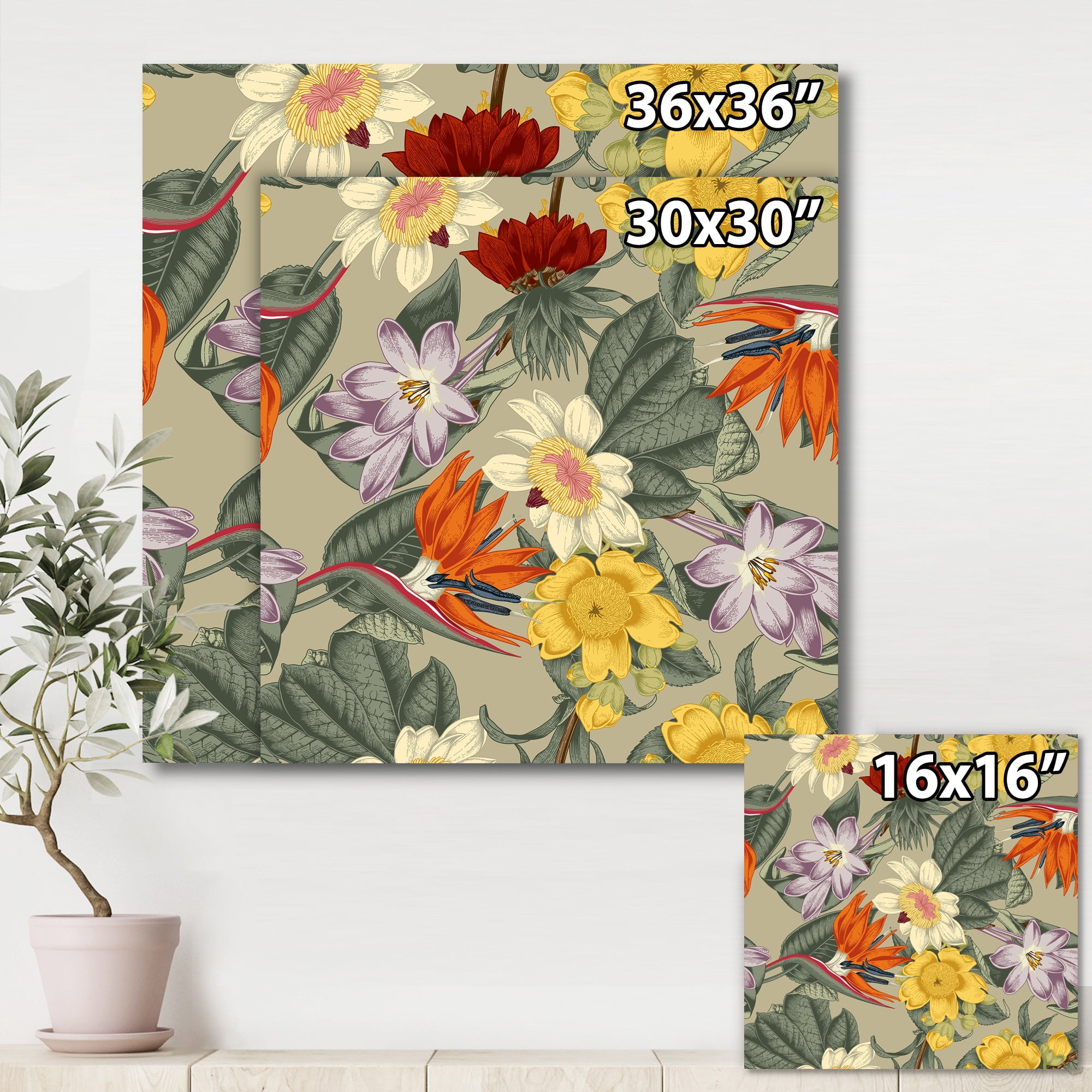 Designart ' Ancient Exotic Flowers In Orange and Yellow ' Traditional Canvas Wall Art Print